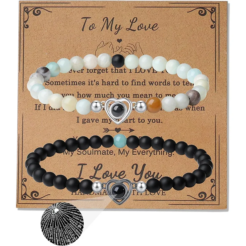Projection Couple Bracelet Long Distance  Natural Onyx Turquoise Gemstone Bead Bracelet  I Love You 100 Languages Bracelets