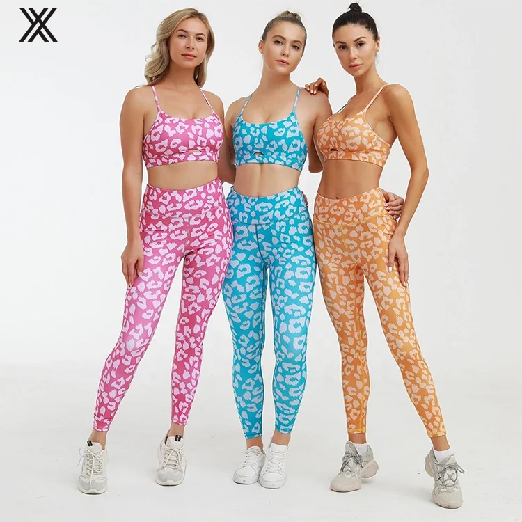Изготовленным на заказ логосом OEM для женщин «вареный» с леопардовым принтом, с завышенной талией, 2 шт. комплект для фитнеса тренировочные брюки Леггинсы для йоги тренажерного зала спортивная одежда