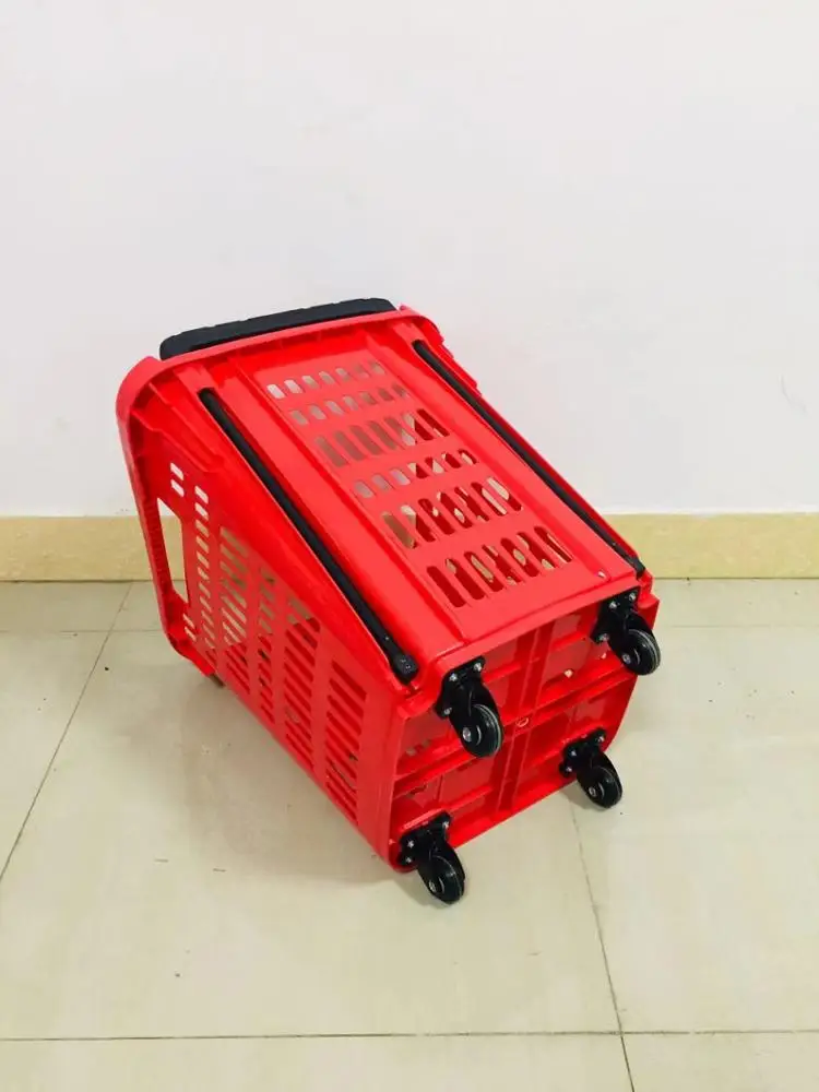 MOQ 20 PCS Big Size Folding Handle 55L Supermarket Plastic Shopping Basket,  4 Wheels Plastic Trolley Rolling Cart