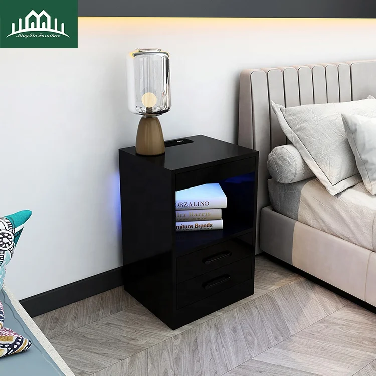 Side Bed Table Smart  Wooden Modern Bedside with  Drawer and Charging  Station  New Night Stand Bedroom Furniture