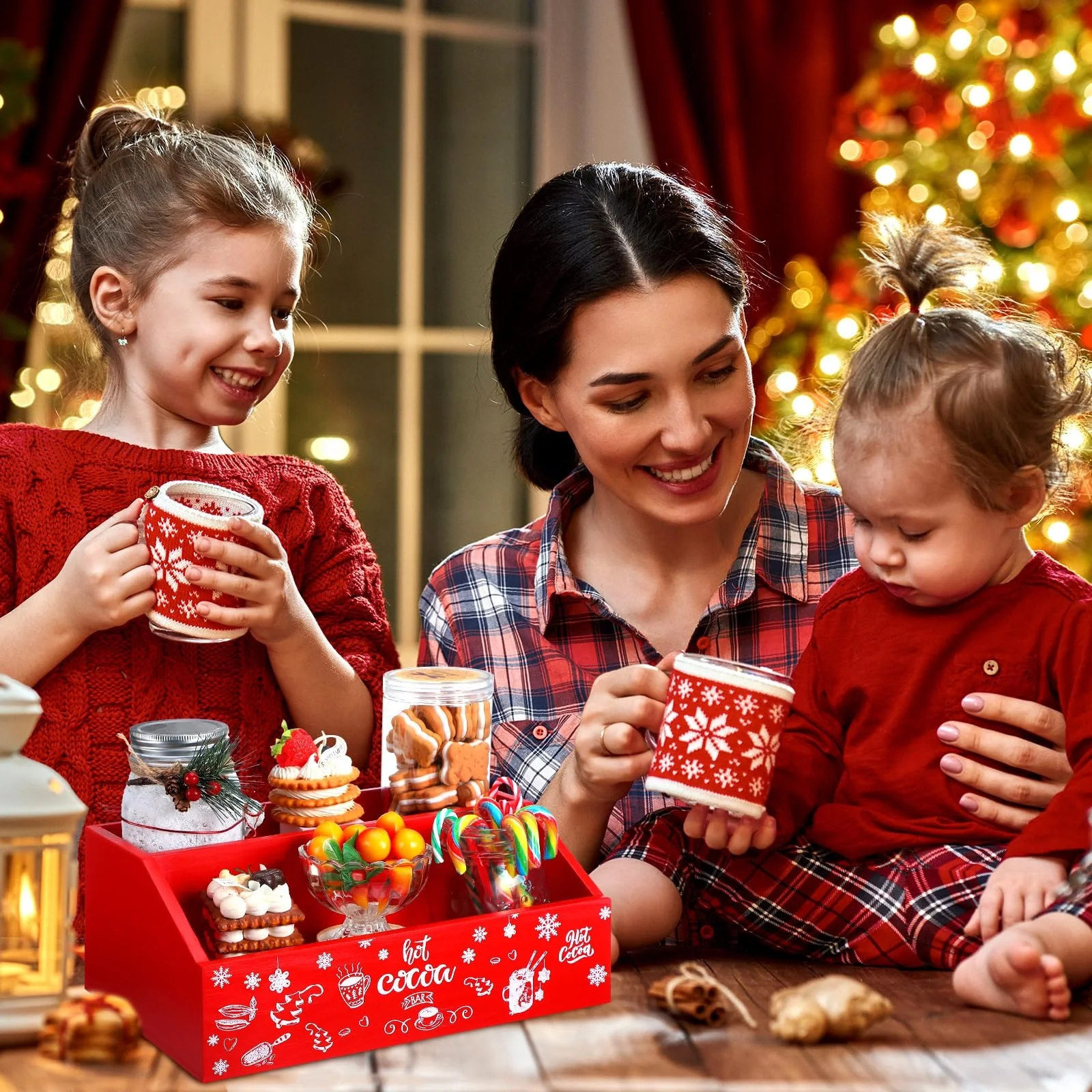 Christmas Hot Cocoa Bar Wood Storage Box Red Hot Chocolate Decorative Box Double Layer Cute Wooden Storage Bins For Home Kitchen