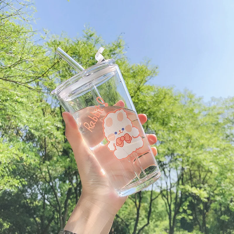 Girls Heart Milk Straw Glass Cup No Two Beverages Juice Cup Cartoon Picture with Lid Coffee Cup