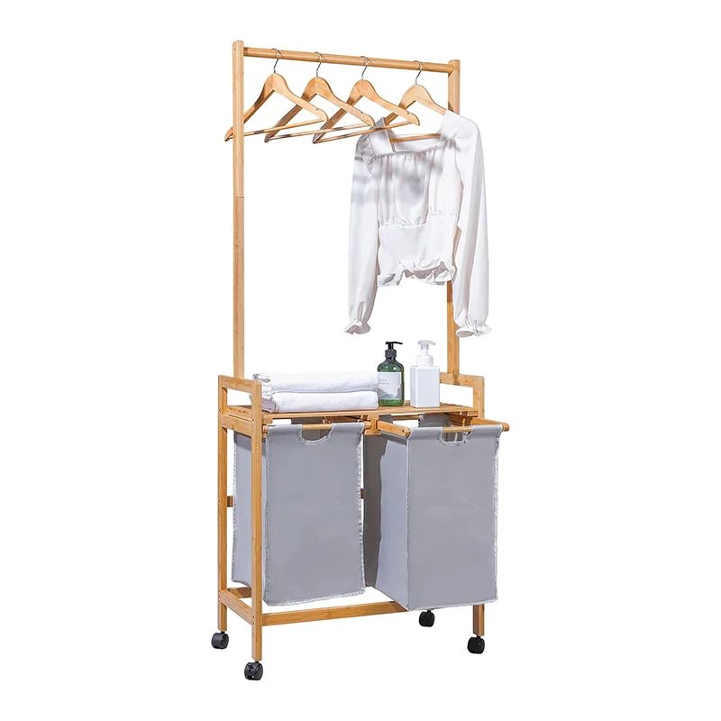 Hanging Rack Laundry Basket 2-in-1 Shelf Removable Bamboo Laundry Basket Laundry Hamper