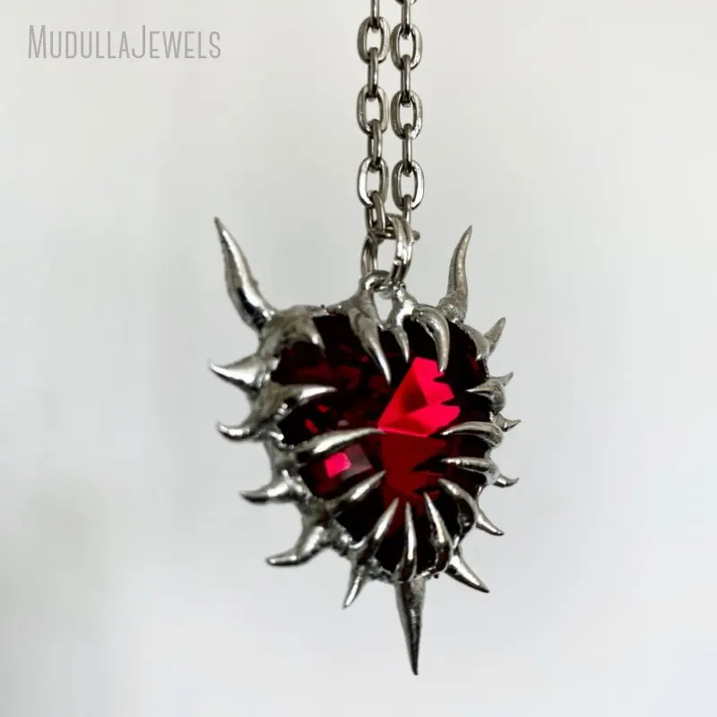NM47393 Soldered Jewelry Red Glass Crystal Heart Shape Thorn Pendant Cyber Grunge Y2K Stainless Steel Necklace Halloween Gift