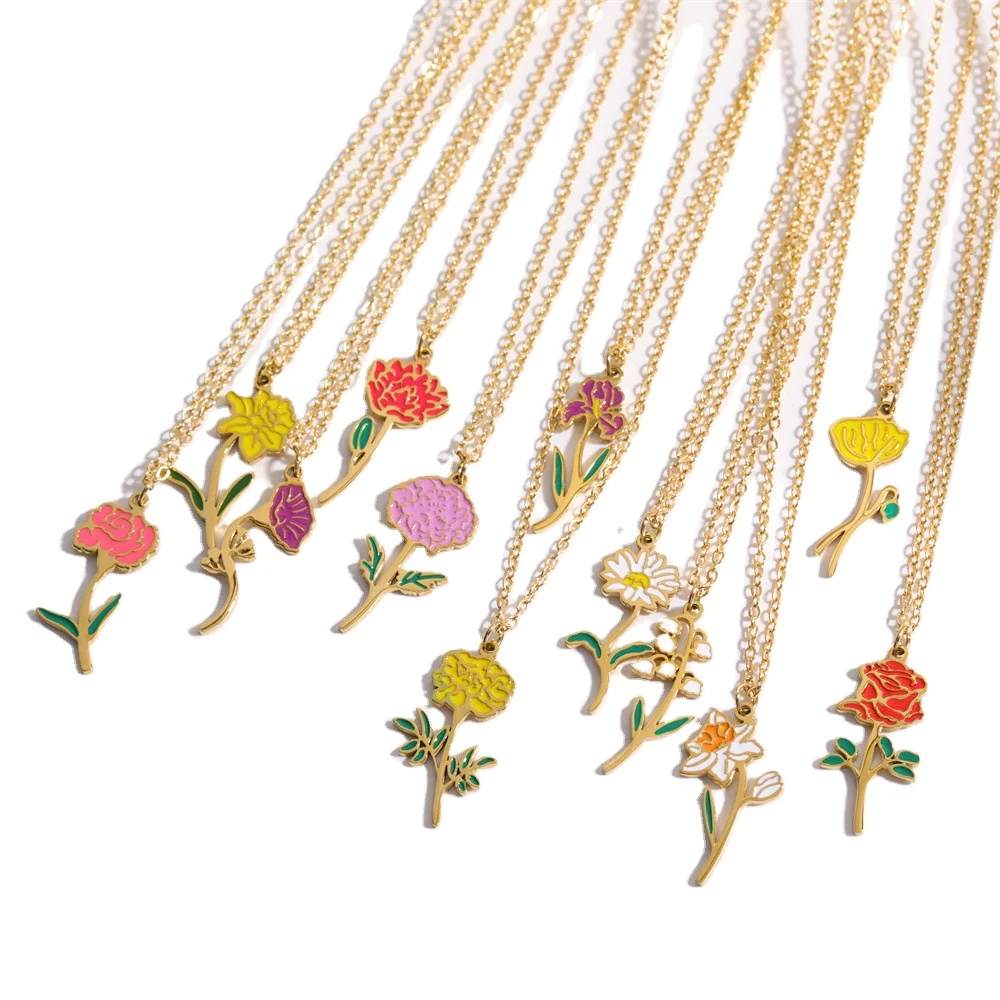 Drop Oil 12 Birth Flower Gold Plated Stainless Steel Jewelry Necklace Fashion Jewelry Necklaces