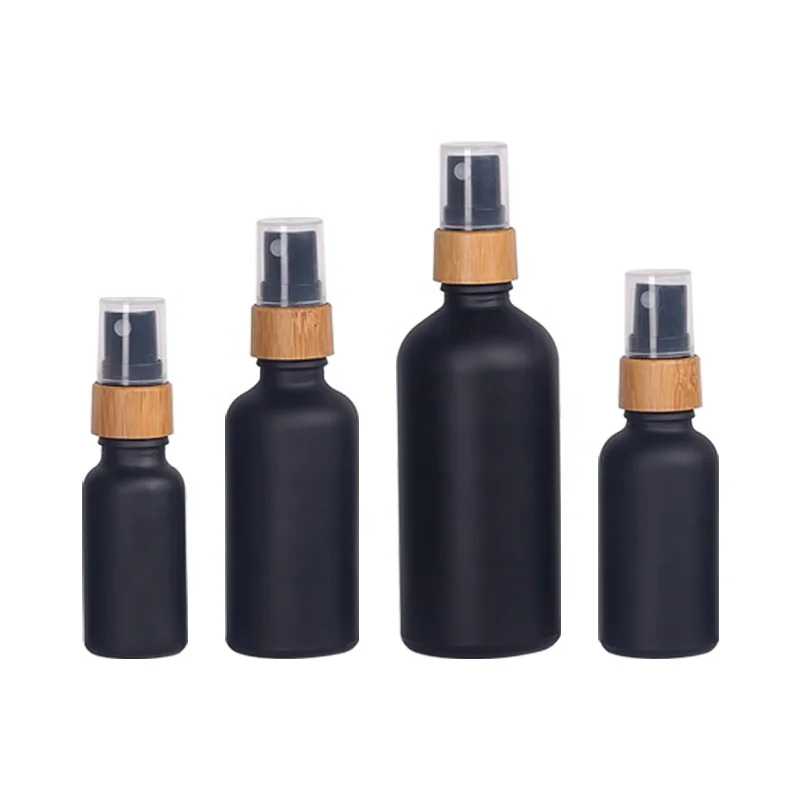 matte black glass bottles 10 ml 30 ml 50 ml 100 ml glass cosmetic bottles with 18 mm bamboo wooden fine mist sprayer