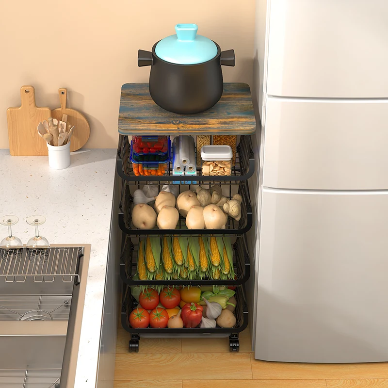 Home Mobile Vegetable Fruit Food Storage Basket Rack Kitchen Cart Trolley with Wheels