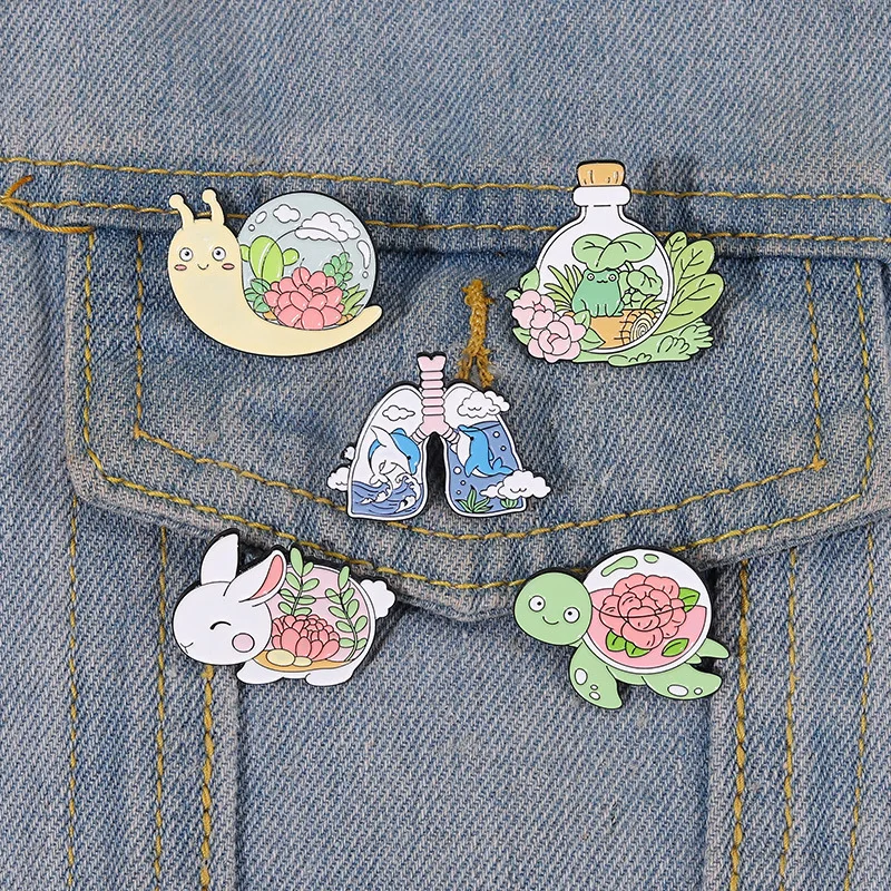 New cartoon cute little animal enamel pin plant flower snail green alloy brooch in stock clothing decoration pins