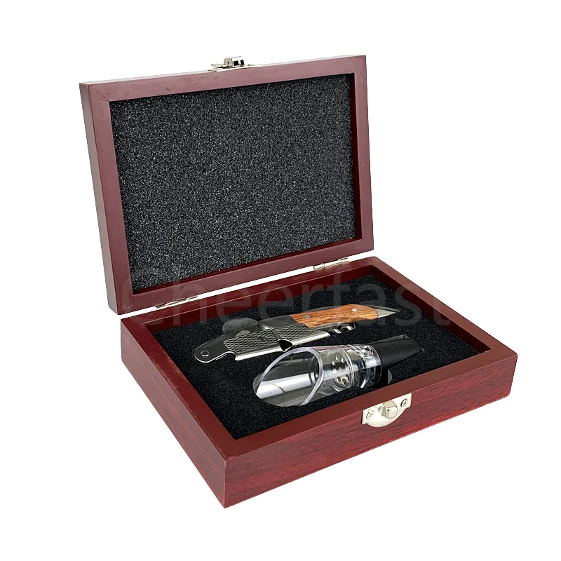 Customized Brand Wooden Handle Corkscrew Wine Opener With Pourer Kit Wood Box Package Sommelier Corkscrew Set
