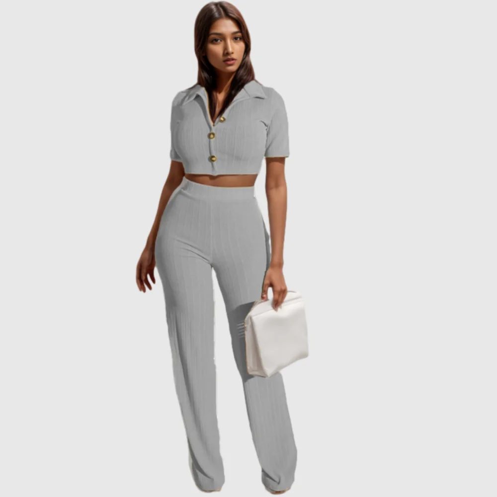 90716-MX1 Popular 5 Colors V-neck Short Sleeve Ladies Tops and Trousers Jumpsuit Rompers