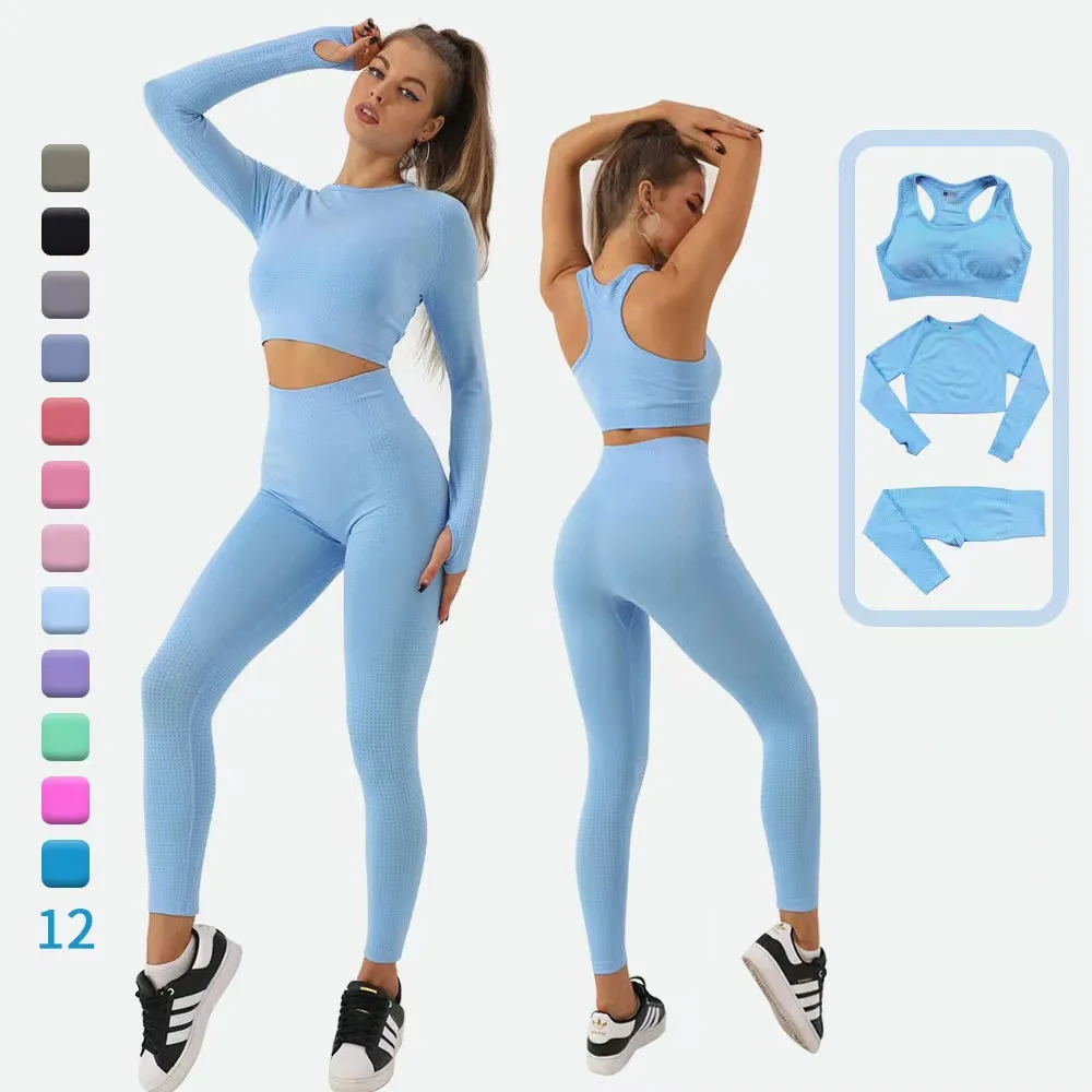 2024 New Design Wholesale Custom High Quality Long Sleeve 3 Piece Seamless Yoga Set Plus Size Gym Fitness Sets For Women