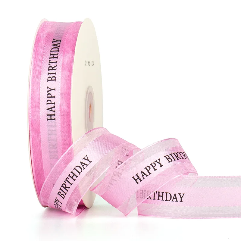 Wholesale Stock Birthday Ribbon Printed Custom Logo Printed Wired Edge Christmas Satin Ribbon