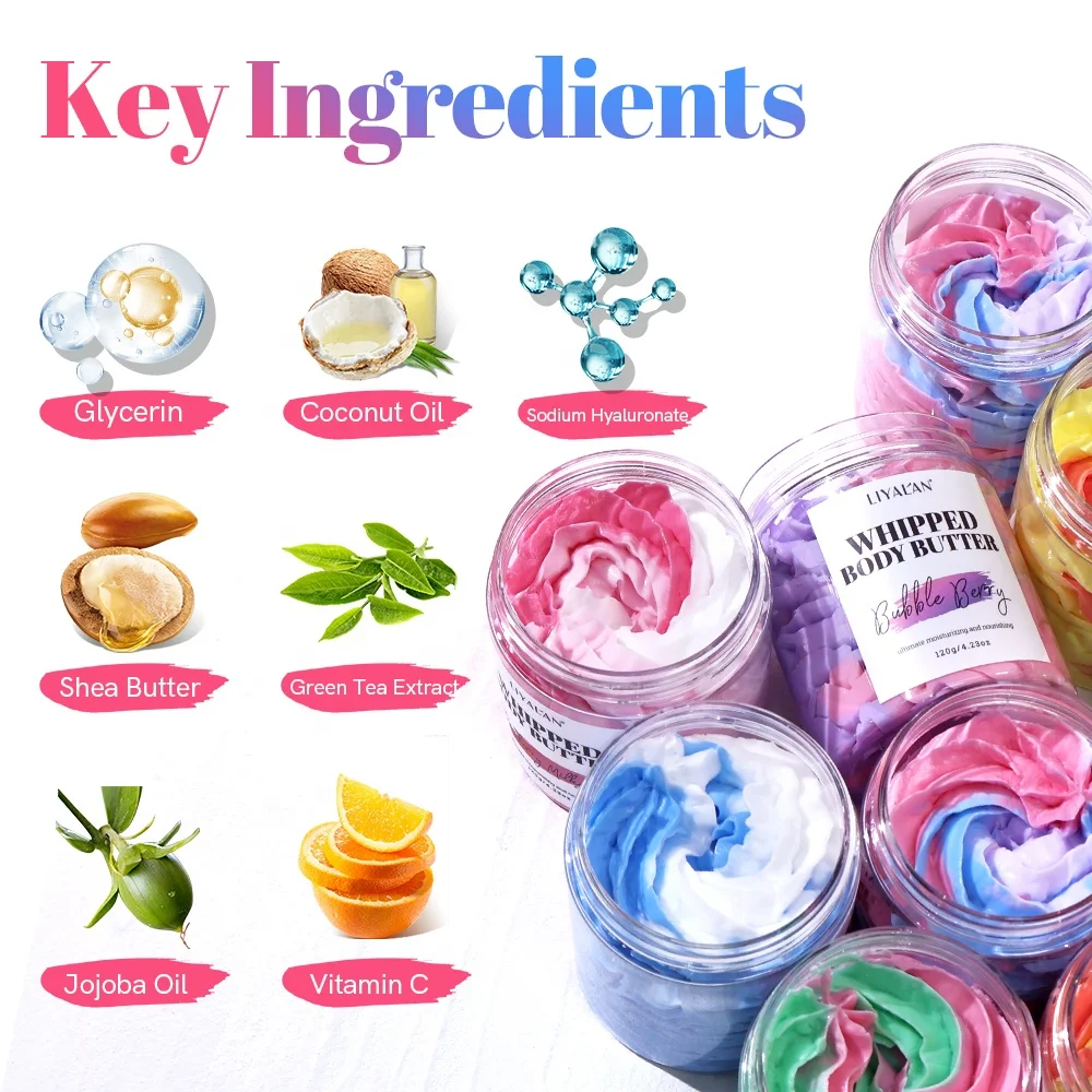 Custom Logo Whipped Cream Skin Moisturizing Lightening Coconut Oil Colorful Whipped Shea Body Butter
