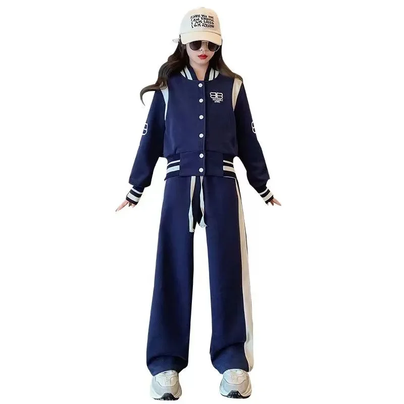 Spring Autumn  New Fashionable Trend Loose Style Sports Sets Youth Teeange Kids Boutique Clothes Girls Baseball Jacket Suits