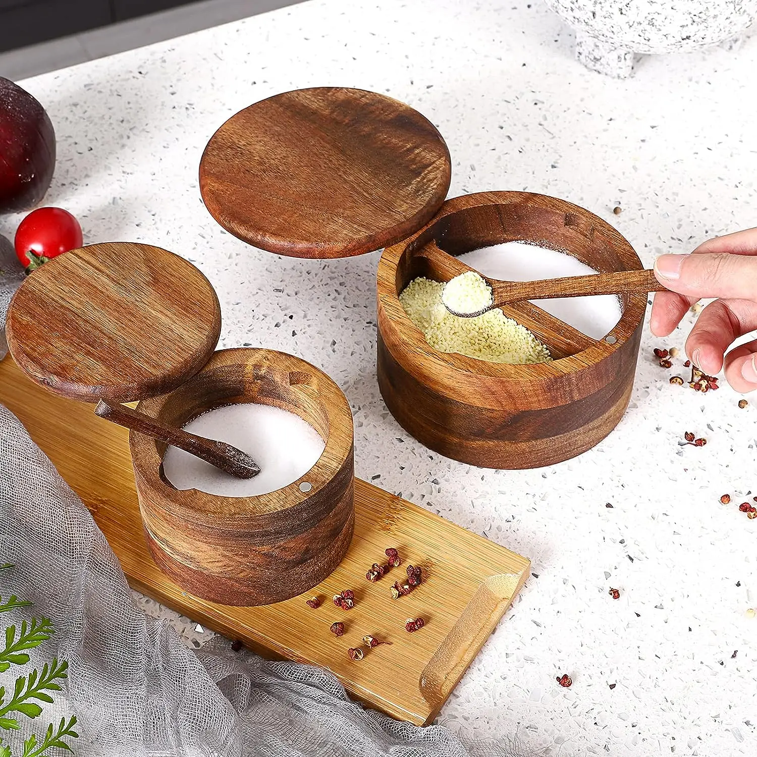 custom premium sugar bowl salt cellar box bowl wood seasoning round acacia wood salt and pepper bowl container
