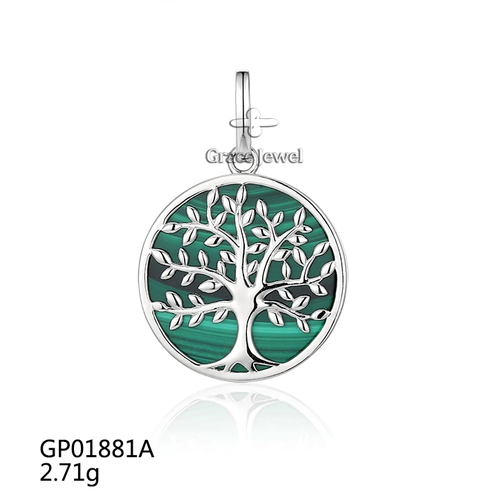 Grace Tree of Life Natural Malachite Green 925 Sterling Silver Coin Custom Pendant for Necklace