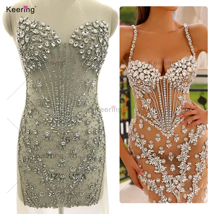 WDP-487 Keering 2024 New Design Handmade Silver Patches Sewing Shiny Rhinestone Crystal Beaded Gown Applique For Wedding Dresses