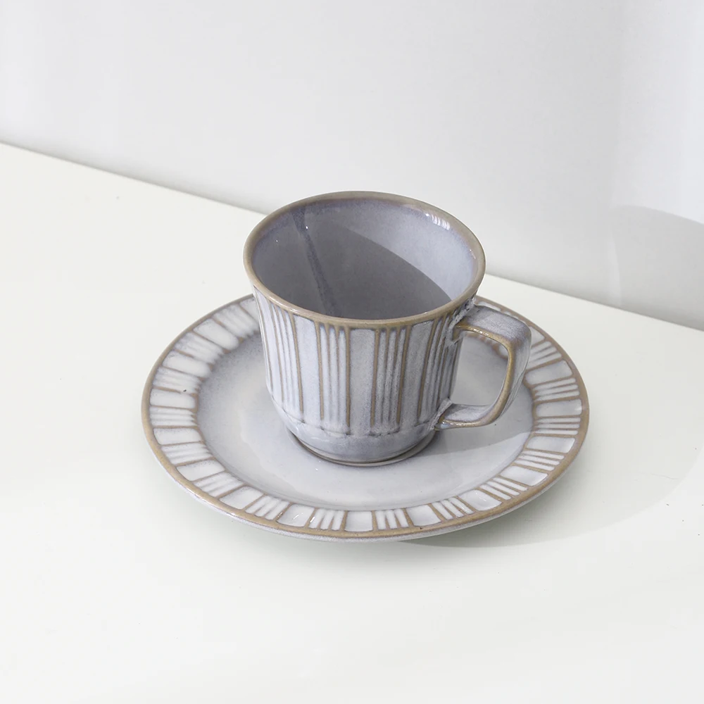 
Court-style grey striped relief elegant noble party tea coffee ceramics cup and saucer 