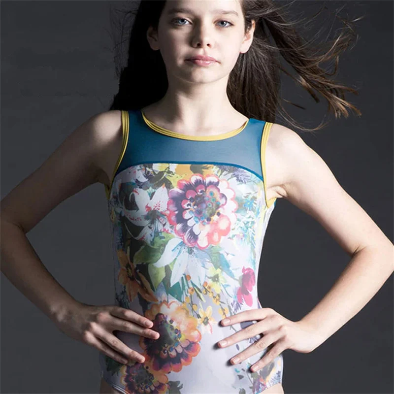Custom Performance Gymnastics Wear Sublimation Floral Printing Dance Costumes Children Mesh Dancewear Ballet Girls Leotards
