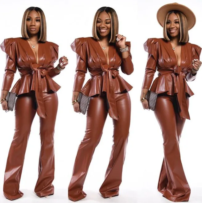 Solid Color Pu Leather Jacket Chic Causal V-Neck Long Sleeve Faux Pu Jacket  Pants Outfits Women Leather Jacket Two  Piece Set