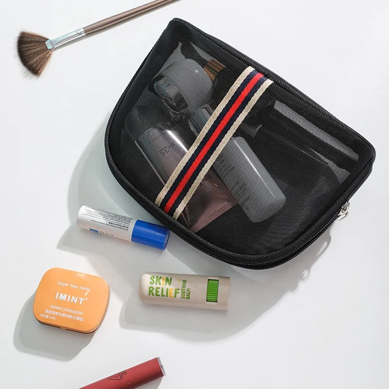 Factory Wholesale Black Mesh Makeup Pouch Organizer Travel Wash Bag Beach Round Toiletry Bag Net Bathroom Mesh Cosmetic Bag