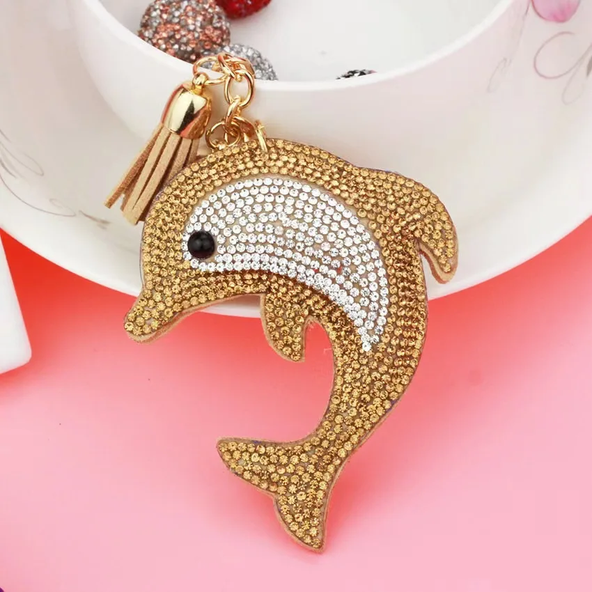 Fashionable Double Color Dolphin Rhinestones Bag Accessories Charms Marine Animals Keychains