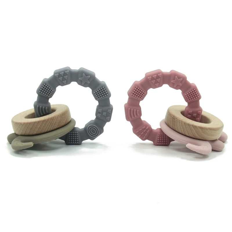 Wholesale 2021 baby elephant shape animal silicone teethers bracelet  beech wood wooden teething ring sensory toys bpa free