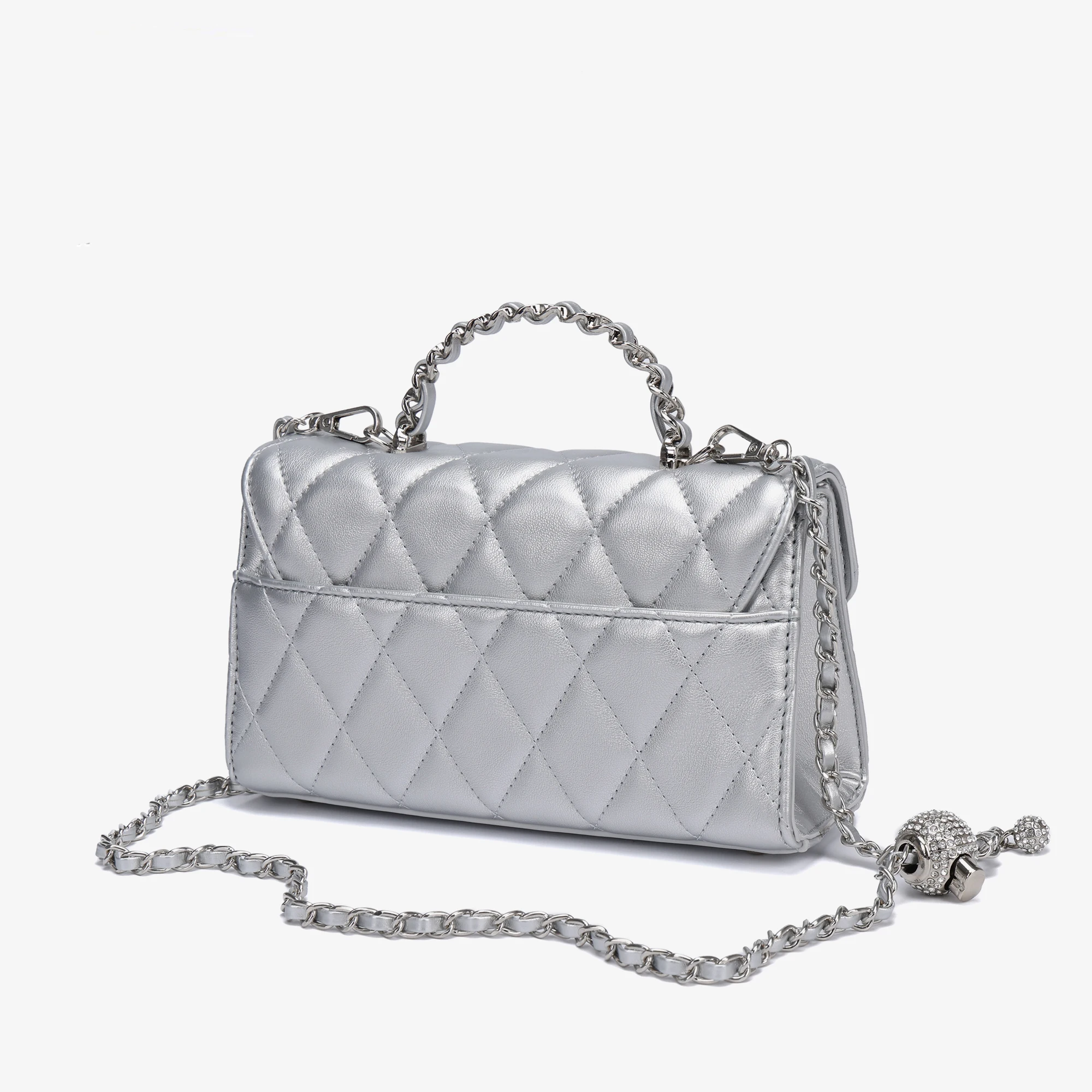 Silver Diamond Lattice Cross Body PU Leather Handbag Custom Logo Luxury Design  Metal Handle Messenger Bag Ladies Hand Bags
