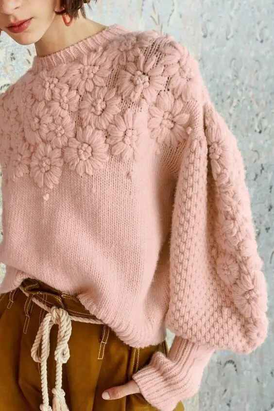 Custom Logo Winter Baggy Loose Tricot Womens Pink Factories Lantern Sleeve Hand Embroidery Woman Pullover Knit Sweater Custom