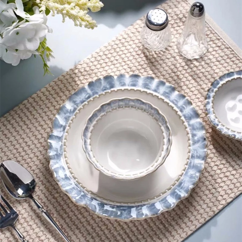 French Porcelain Plate Household Soup Bowl Blue Flower Edge Ceramic Coffee Cup Saucer Dinnerware Small Sauce Dish Square Tray