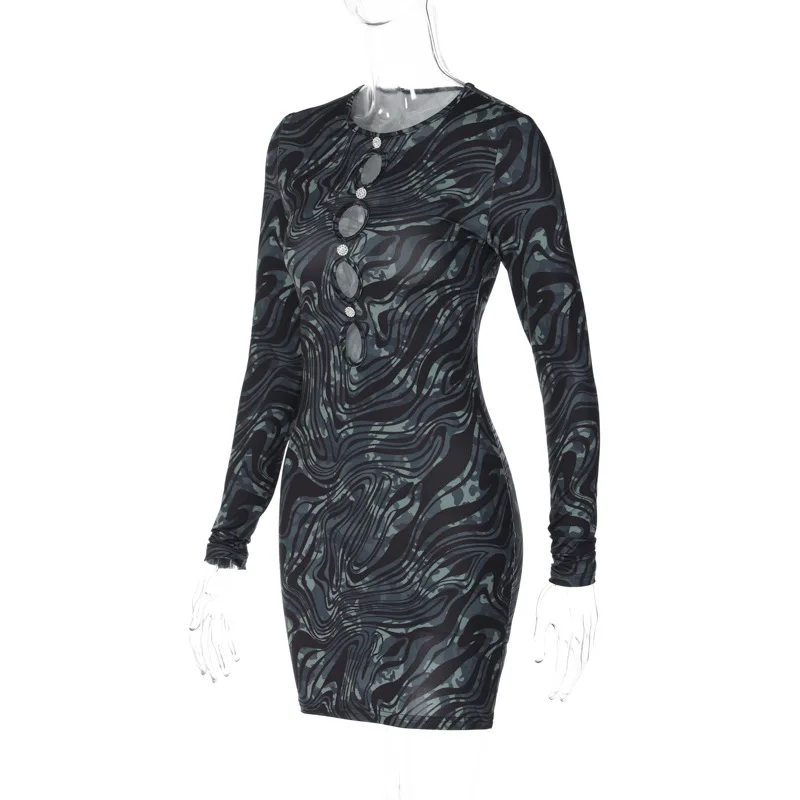 2023 Spring New Style Printed 3D Color Women Long Sleeve Sexy Mini Dress Bodycon Hollow Out