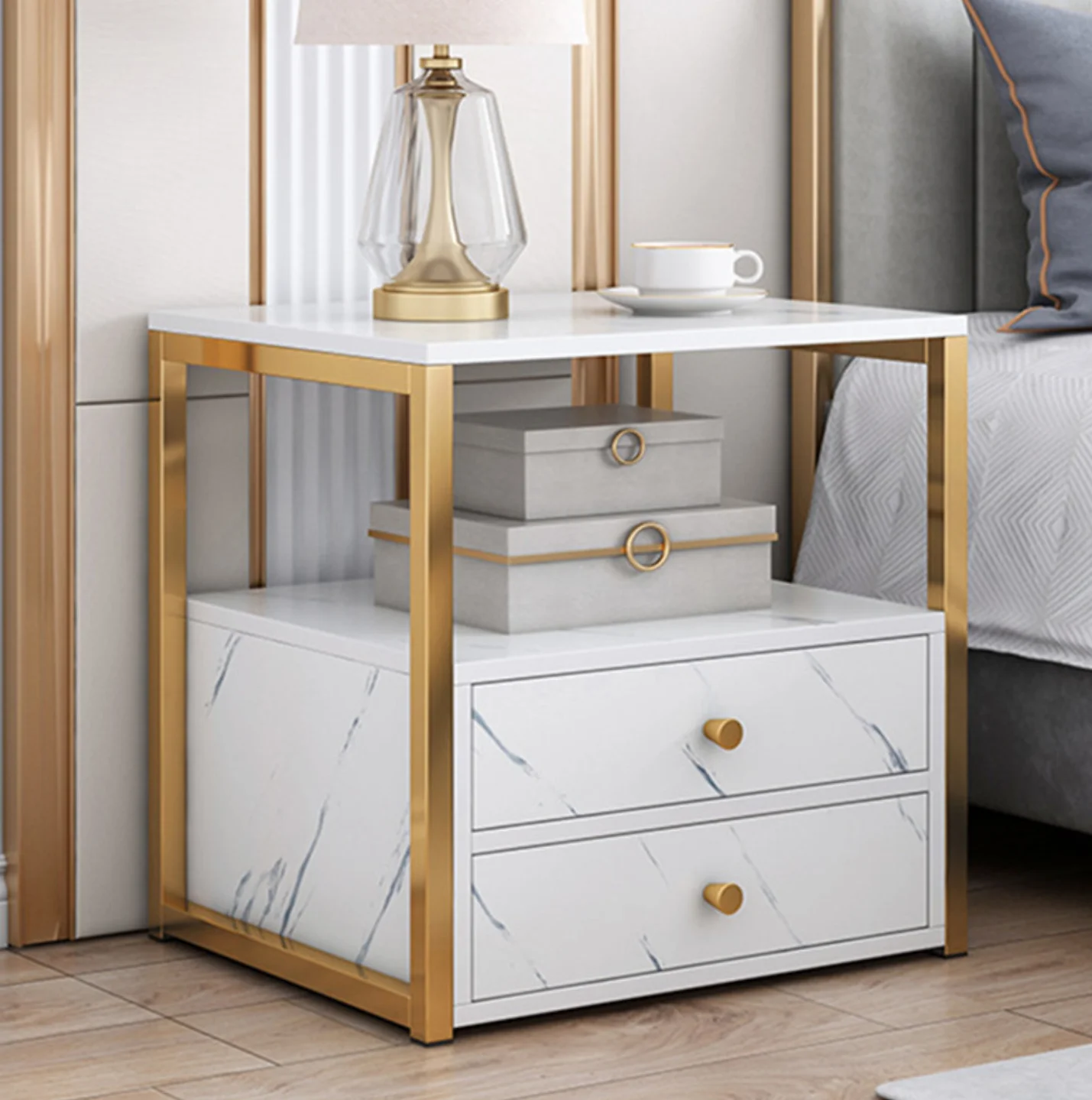 nordic vintage luxury	 white gold wood mirror nightstands for Bedroom Living Room