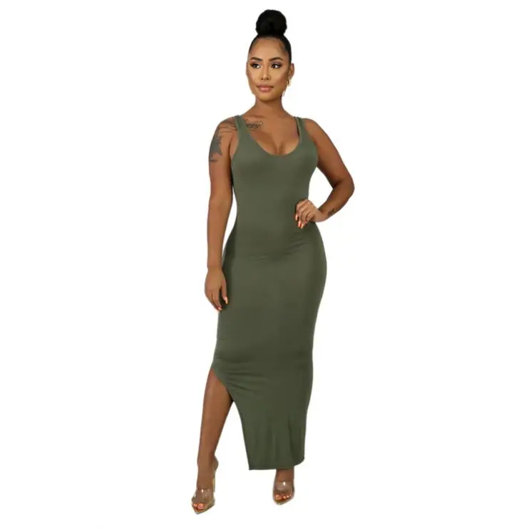  1119M019 new style solid split strap dress sloping shoulder top Long Dress Clothing Women Two Piece Sets 2 piece skirt