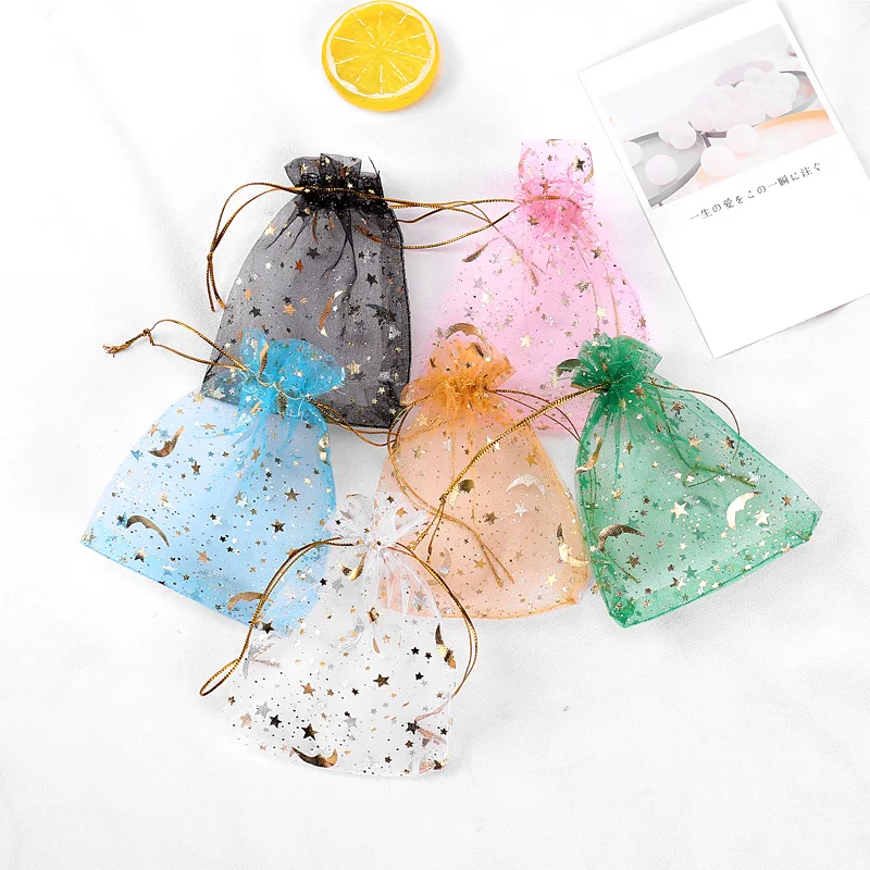 MIO Exquisite Organza Bag Gold Moon Stars Drawstring Gift Bag Present for Holiday Festival Kids Candy Gifts Storage Bags