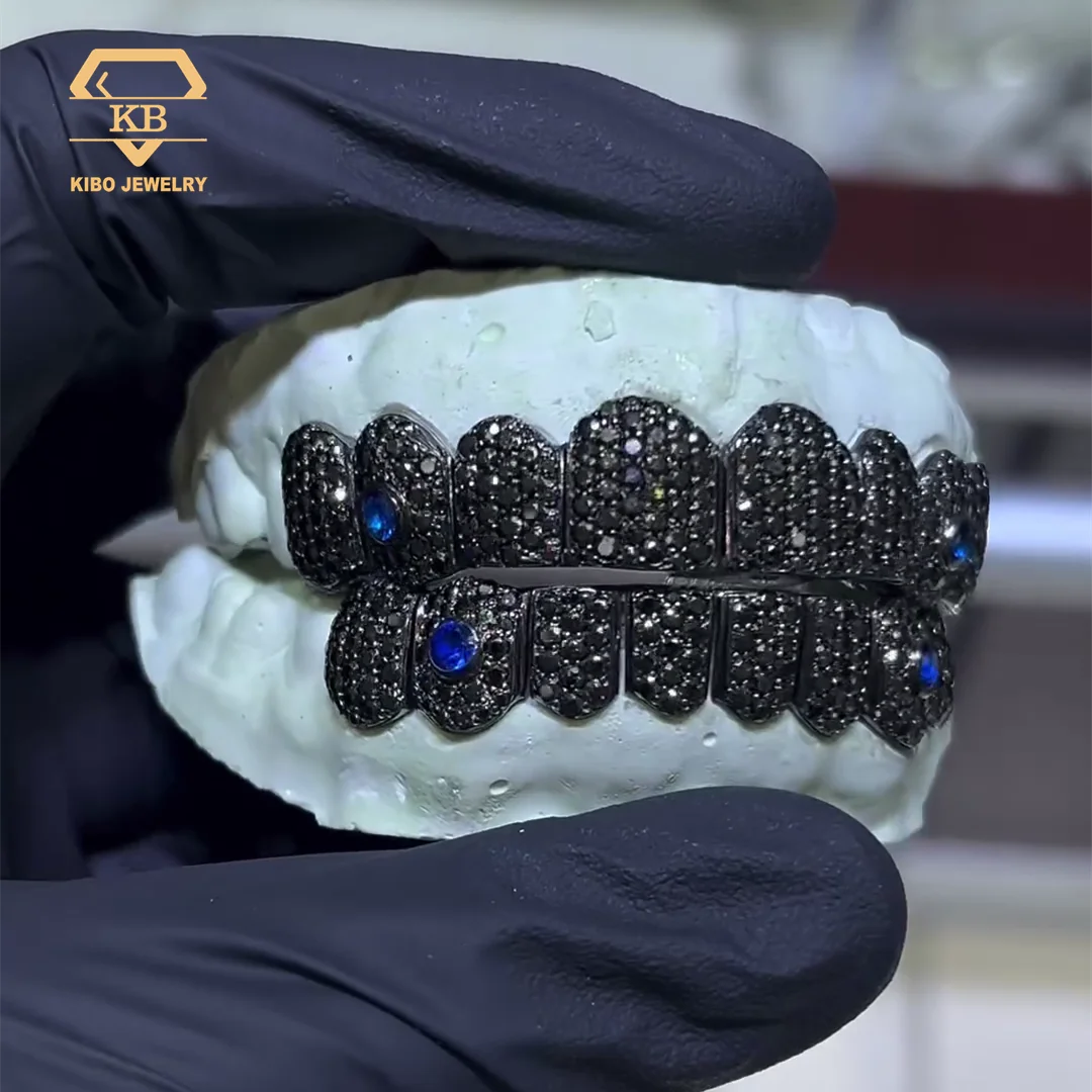 Custom 925 Sterling Silver Black Moissanite Diamond Grillz With Blue Stone On 4 Fang Iced Out Moissanite  Diamond Teeth Grillz