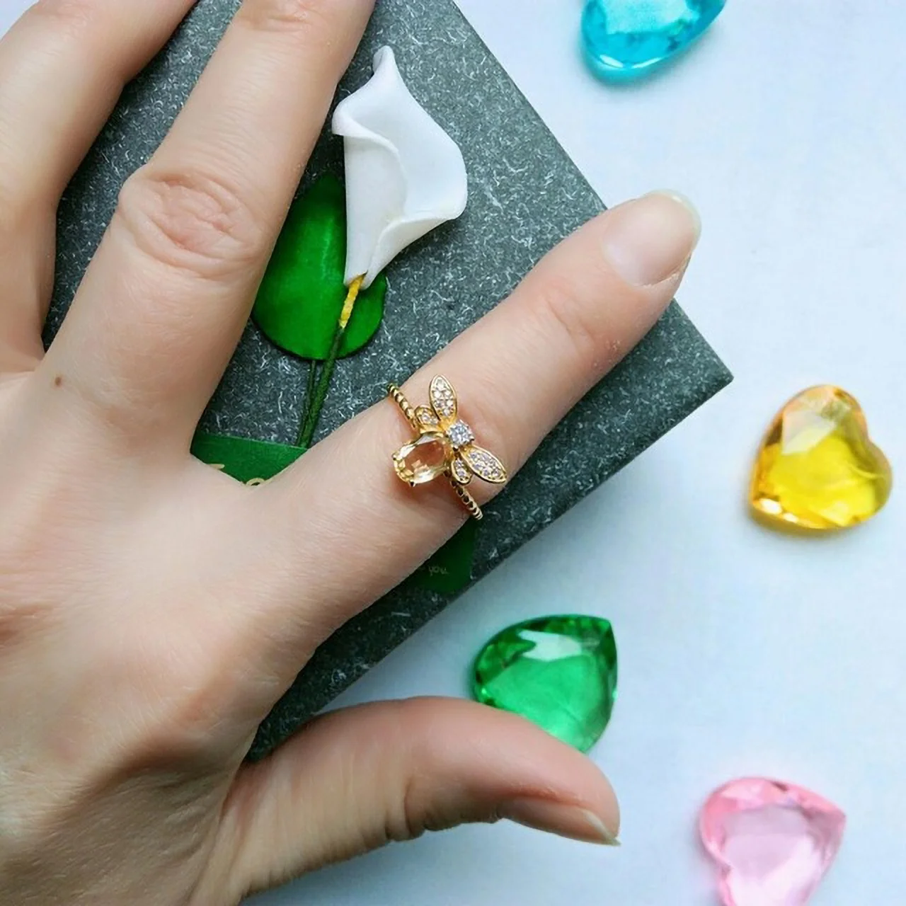 
Adjustable 14k Gold Plated 925 Sterling Silver Jewelry Bee Shape Citrine Ring For Women RI019 