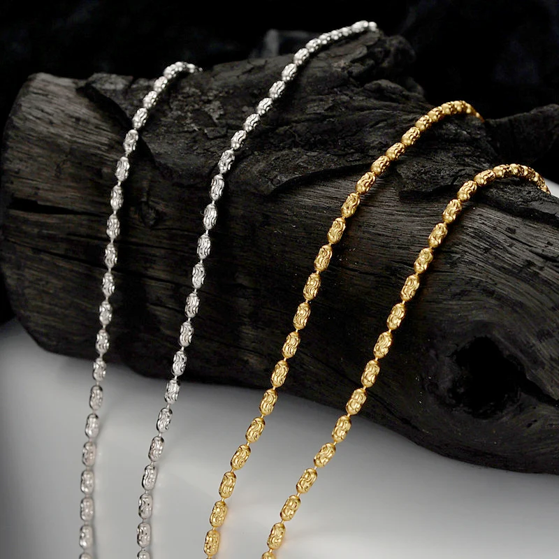 Oval Bead Chain Necklace S925 Sterling Silver 18k Yellow Gold Italian Fancy Diamond Cut Barrel Link Chain Necklace
