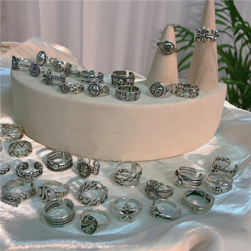 Luxury women jewelry retro multi-layer smile ring girls gift sliver plated cross adjustable ring