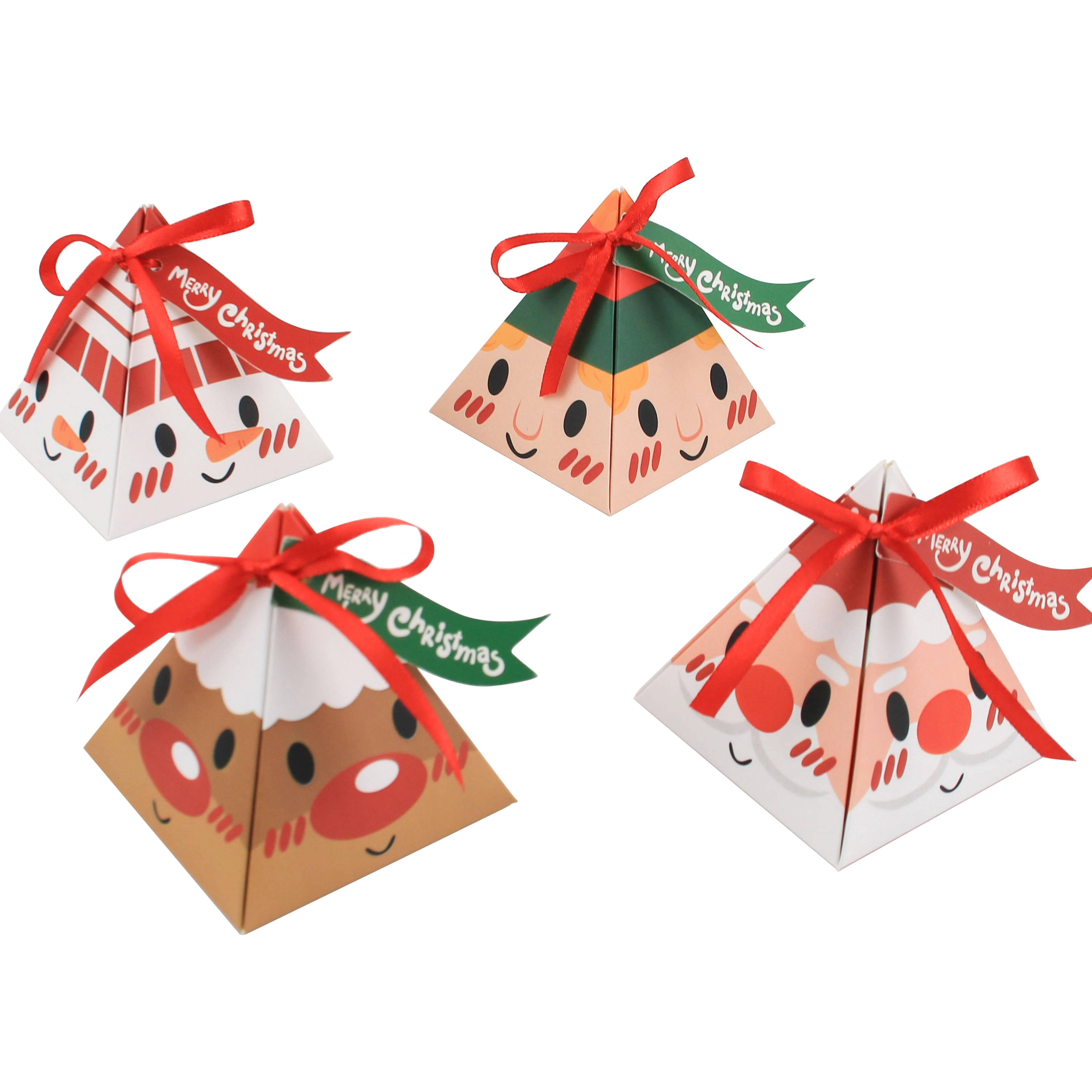 2022 new design hotly sold small Christmas triangle paper  candy  gift packing  box with tag and ribbon