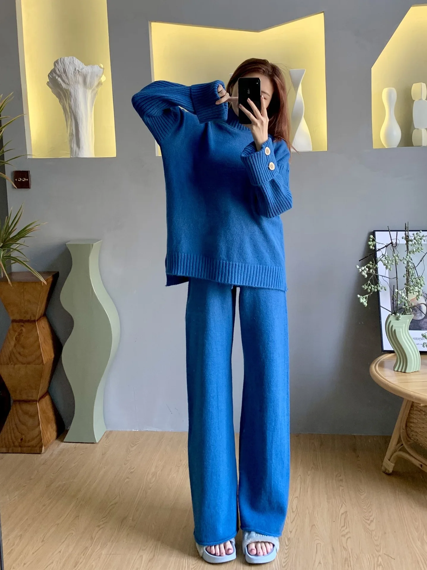 Women OEM Sweater Twin Set Customize Casual Ladies Long Sleeve Knit Pullover And Long Pant Sets Rib Knitted Women Sweater Sets