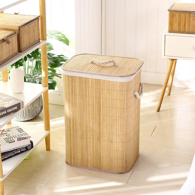 New Minimalist Handmade Woven Bamboo Storage Bucket woven foldable Dirty Clothes laundry Storage Basket with lid For Home Hotel