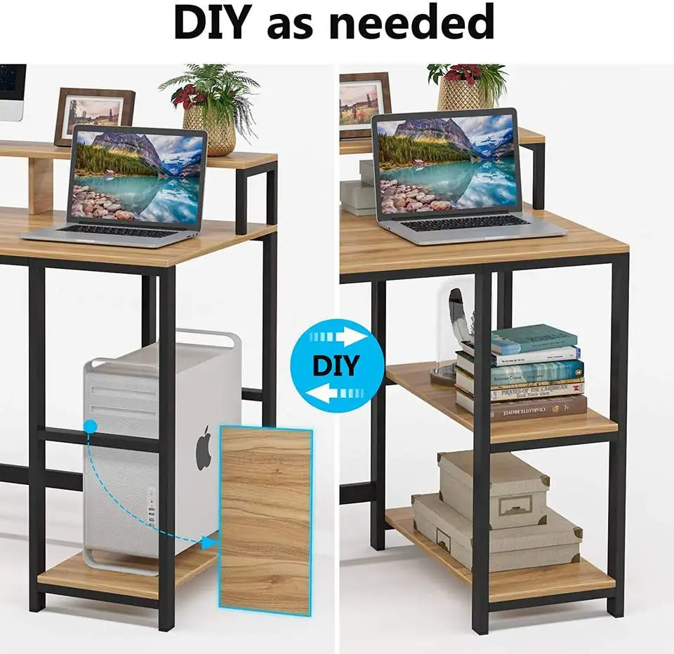 YQ FOREVER Dual Storage Bookshelf Small Space Sturdy Writing Keyboard Tray Home Natural Desktop Table Computer Desk