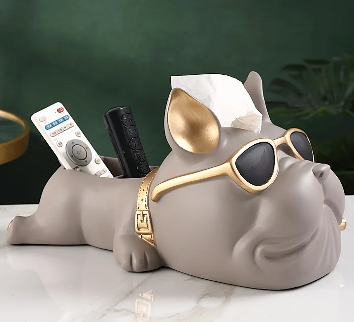 2023 NEW POLYRESIN BEIGE BLACK WHITE ANIMAL BULLDOG WITH GLASS TISSUE BRUSH HOLDER HOUSE HOME TABLETOP DECORATIVE STATUE GIFT