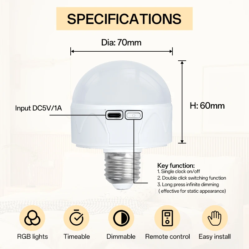 led lamp bulbs USB-C  rechargeable light bulb dimmable e27 bulbs for home led  with Remote Control and Timing Function