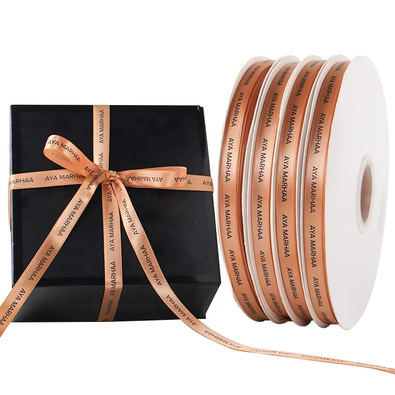 3/8inch Custom Printed Black Logo Satin Ribbon Roll Wholesale Decorative Polyester Ribbon Luxury Paper Bag Gift Packing