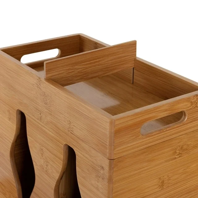 Large 2 in 1 Trash Bag Dispenser Bamboo Garbage Bag Holder and Tray Kitchen Laundry Trash Wall Mounted or on Countertop