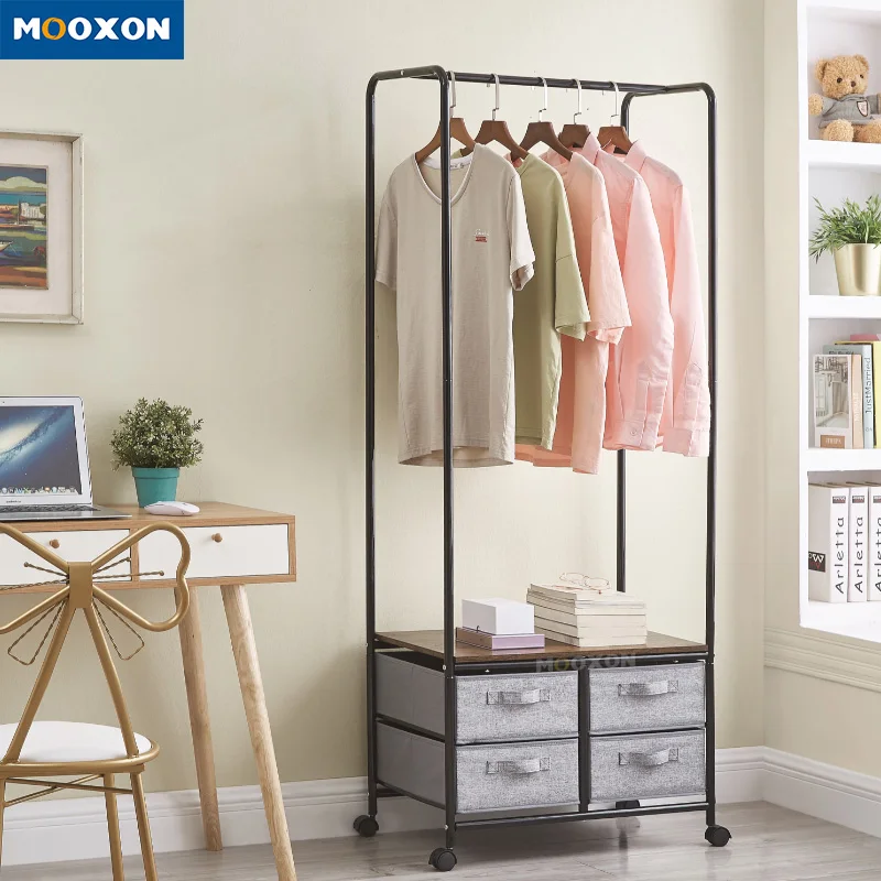 Multifunctional Standing Bedroom Display Clothes Hanger Shelves Racks Cloth Coat Shelf Garment Rack with Wheels