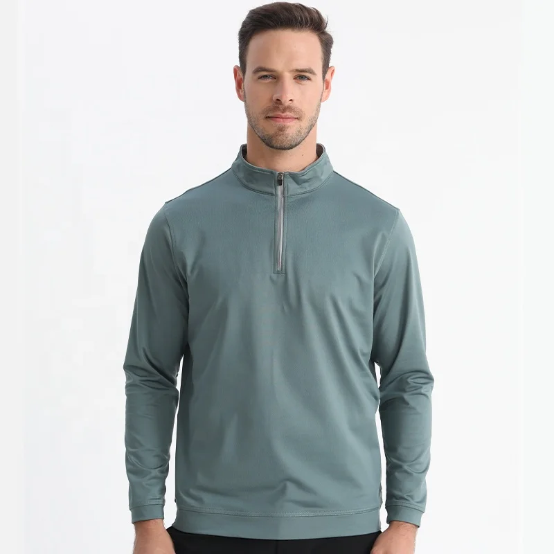 Custom Logo Low Moq High Quality Slim Fit Cut Sew Blank Plain Blue Pullover High Neck With Zipper