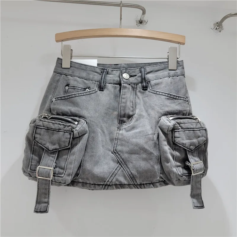 Vintage Denim Shirts Cargo Skirt Fashion Low Waist Mini A-line Jean Skirt With Pockets For Women