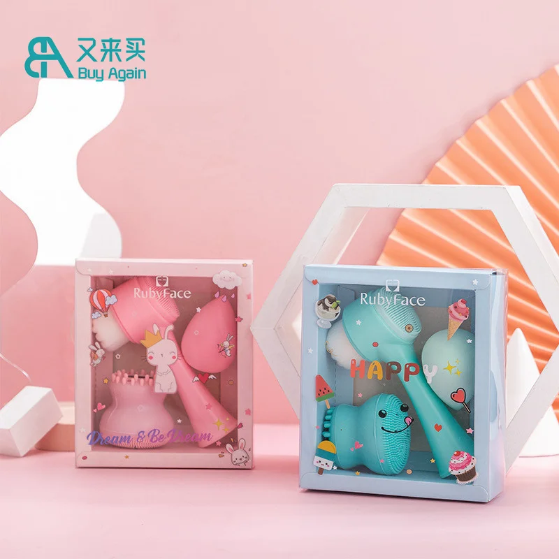 wholesale face brush kit silicone face facial cleansing brush makeup sponge set